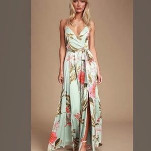 NWOT Lulu's Still the One Sage Green Floral Print Satin Maxi Dress